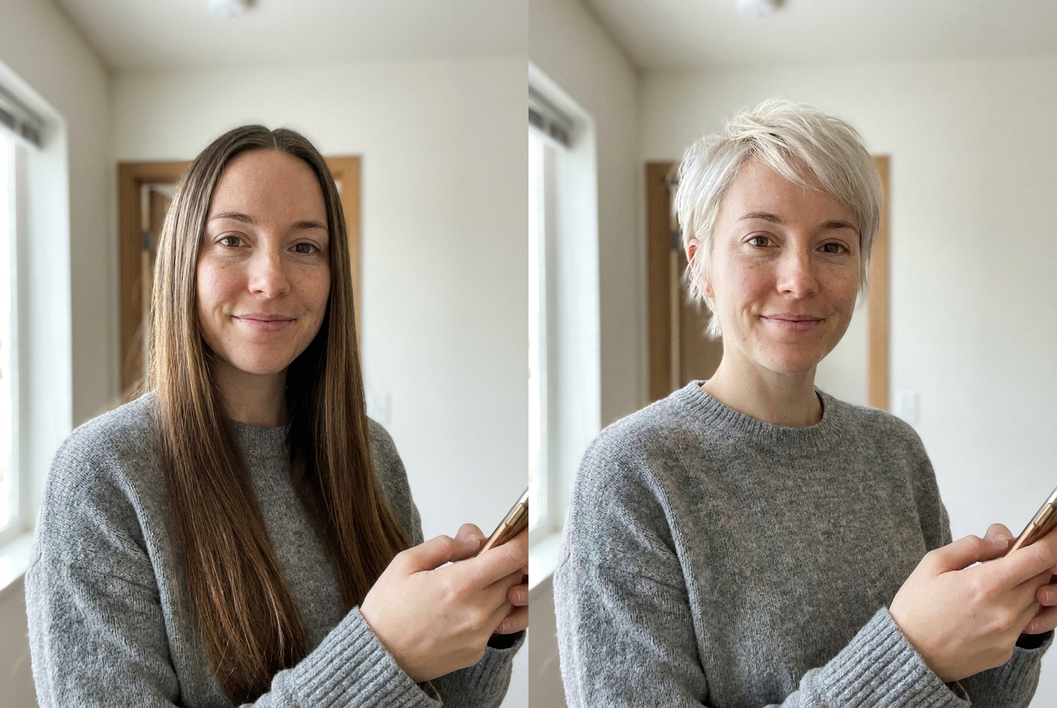Prompt: "a platinum blonde pixie cut with soft textured layers" — same face, dramatic new cut and color.