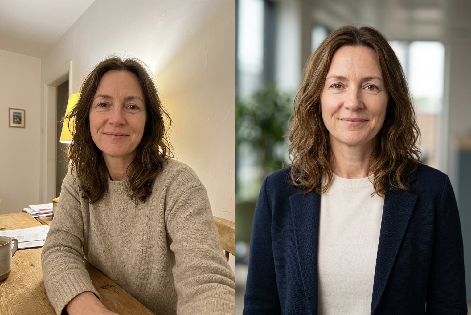 Before → After: warm kitchen snapshot becomes an executive portrait against clean office bokeh, same person