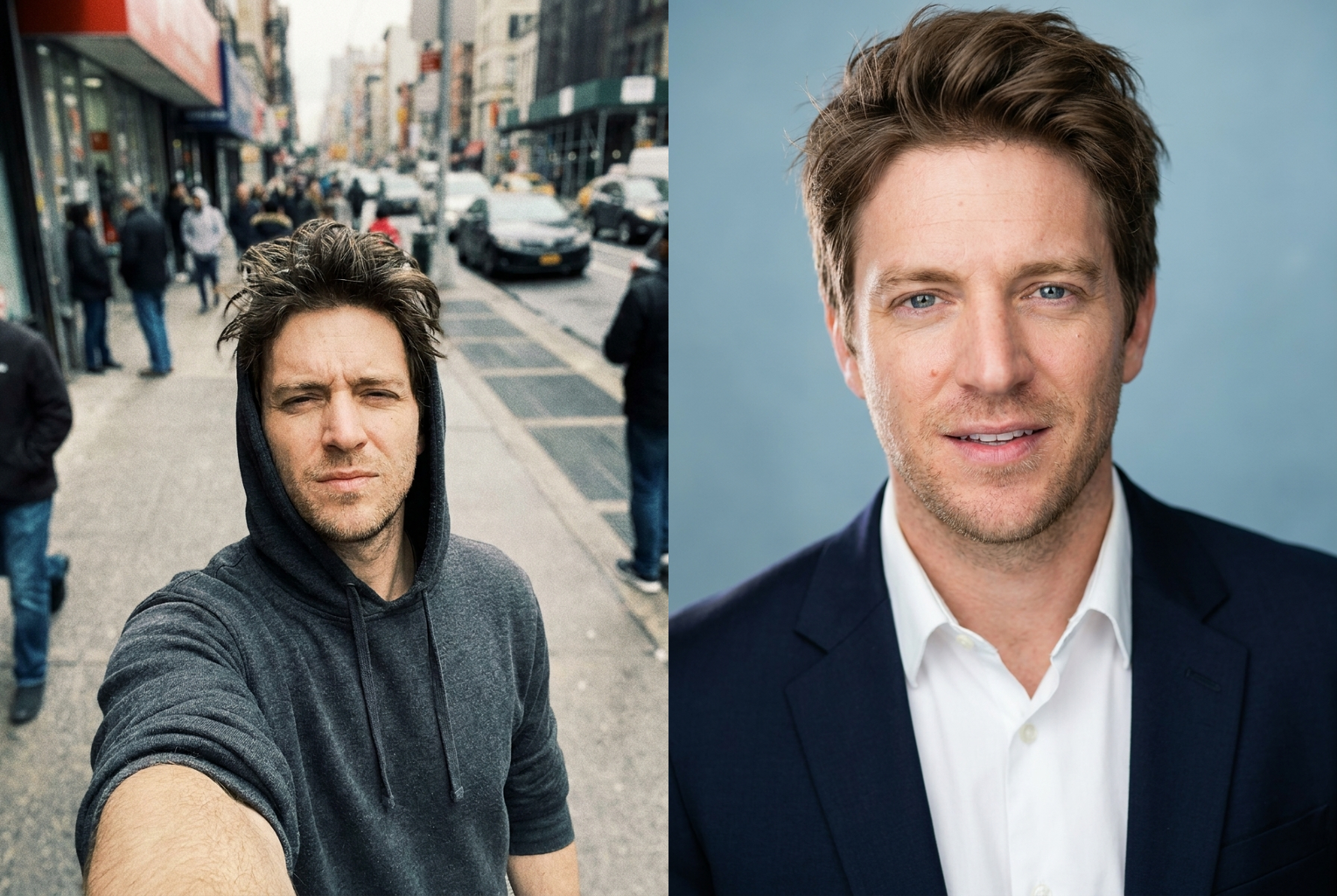 Before → After: outdoor hoodie selfie becomes a polished business portrait with studio lighting, identity preserved