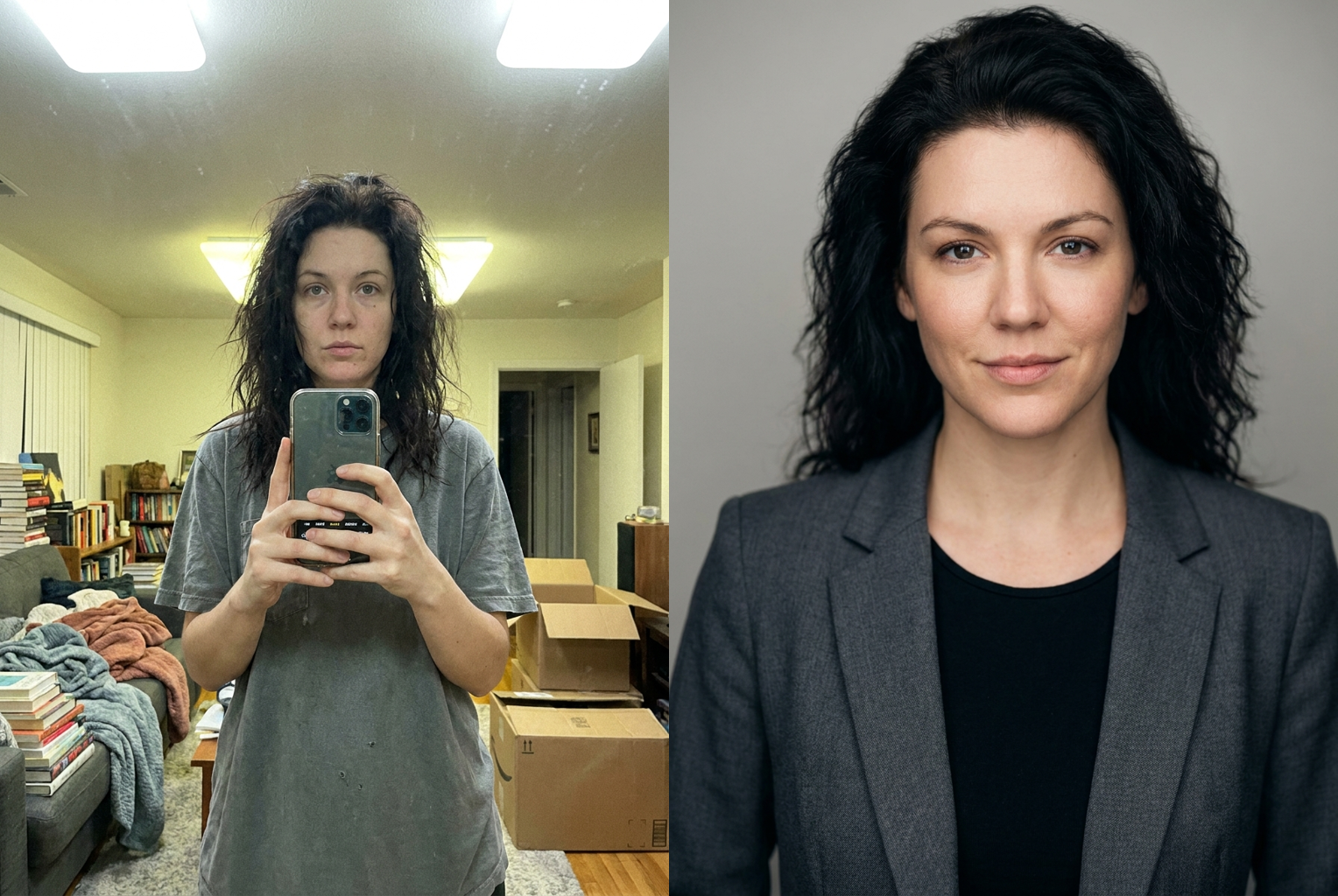 Before → After: living-room selfie becomes a studio-lit corporate portrait in a neutral blazer, same face kept exactly