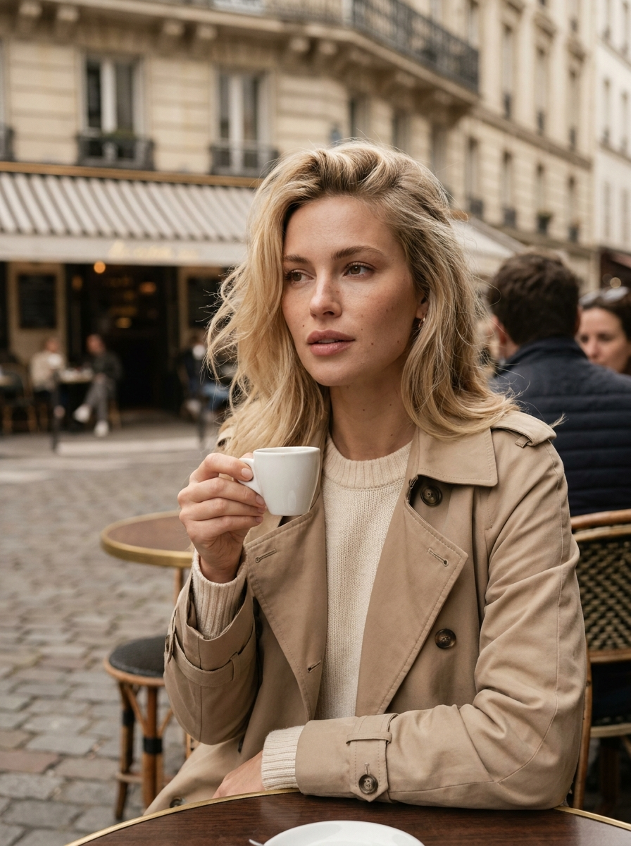 Prompt: a blonde fashion influencer in a Parisian café