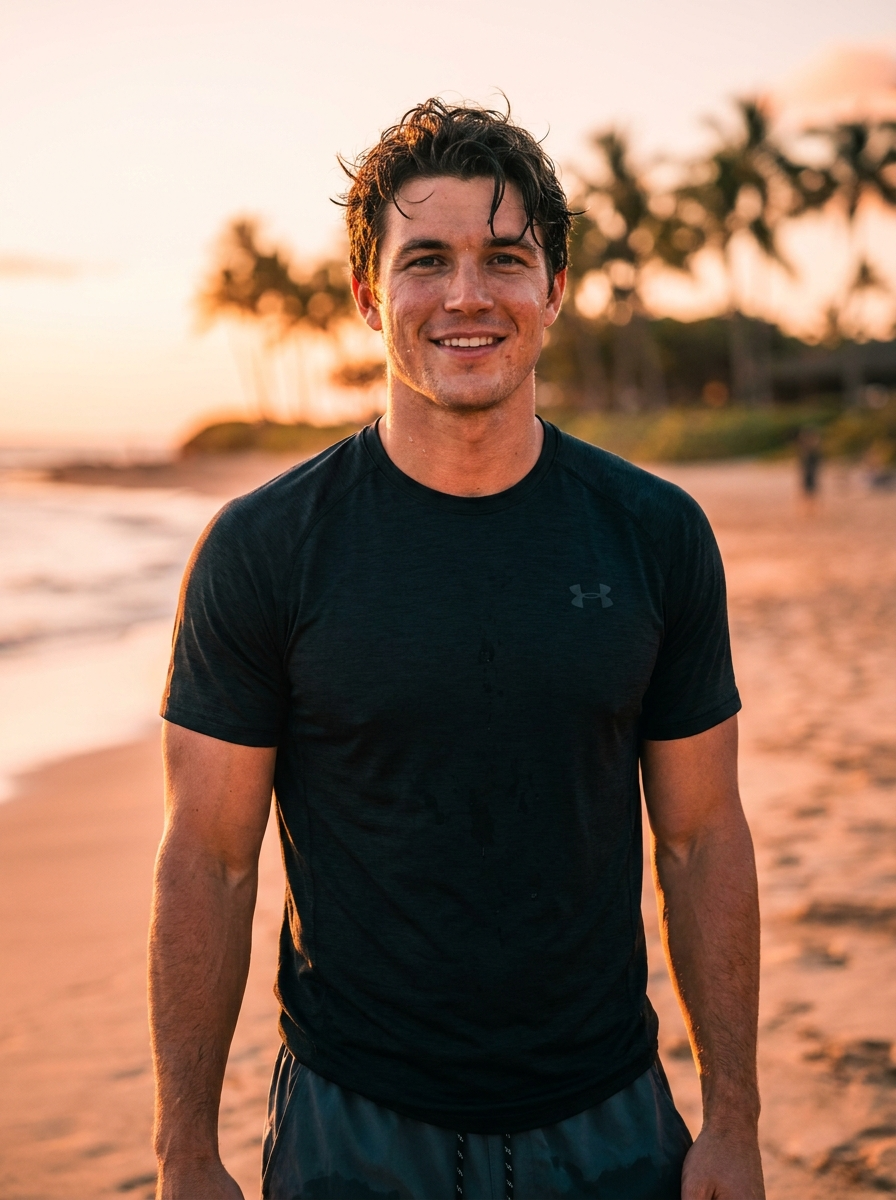 Prompt: a male fitness model on a beach at sunset