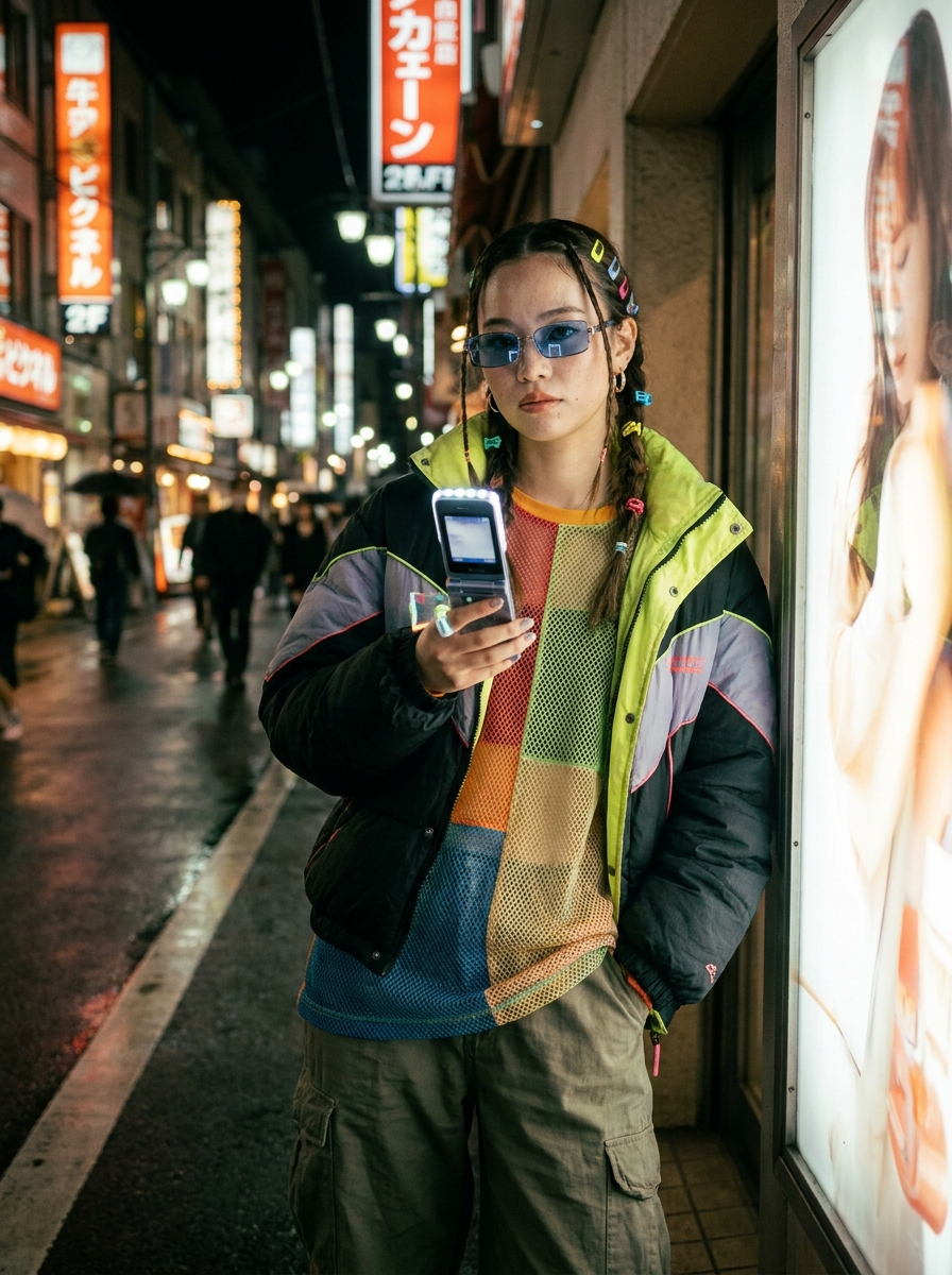 Prompt: a Y2K streetwear girl in Tokyo at night