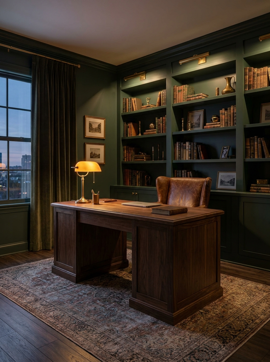 Prompt: a moody dark-green home office with brass accents