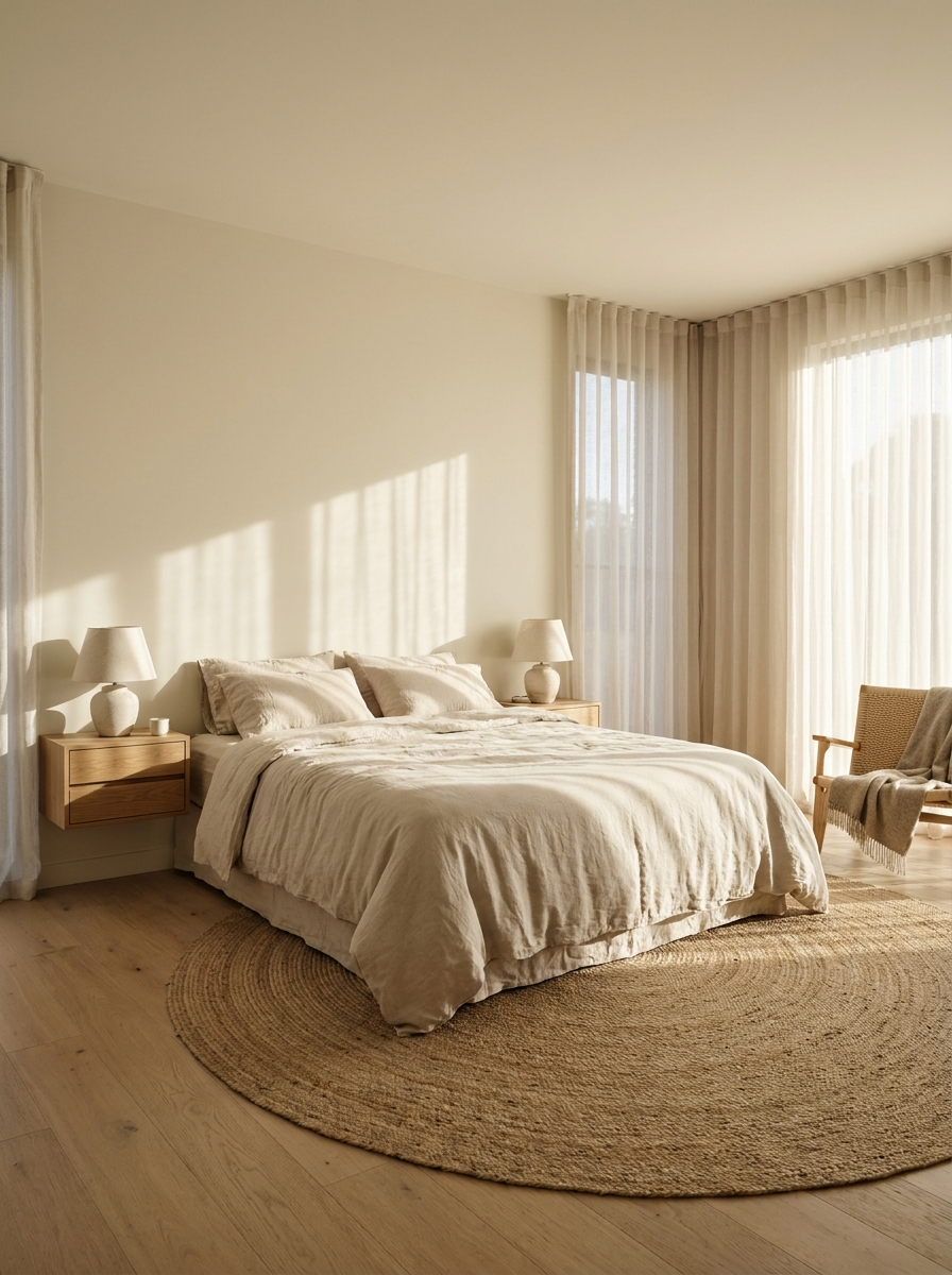 Prompt: a bright minimalist bedroom with linen bedding and morning light