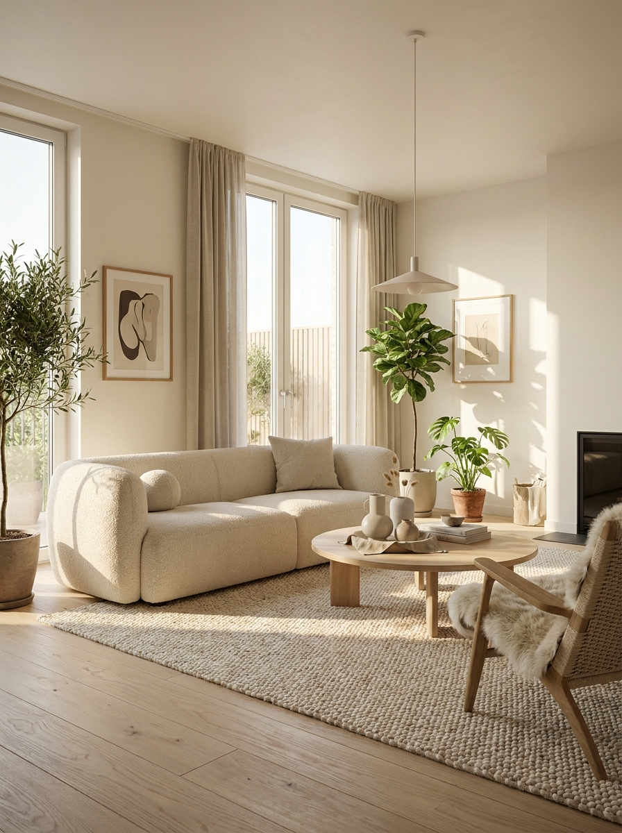 Prompt: a cozy Scandinavian living room with a boucle sofa and oak floors