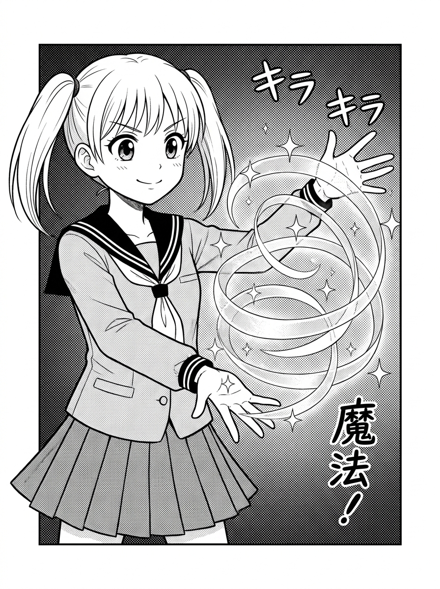 Prompt: a schoolgirl with twin ponytails casting a glowing spell, sparkles and flowing ribbons