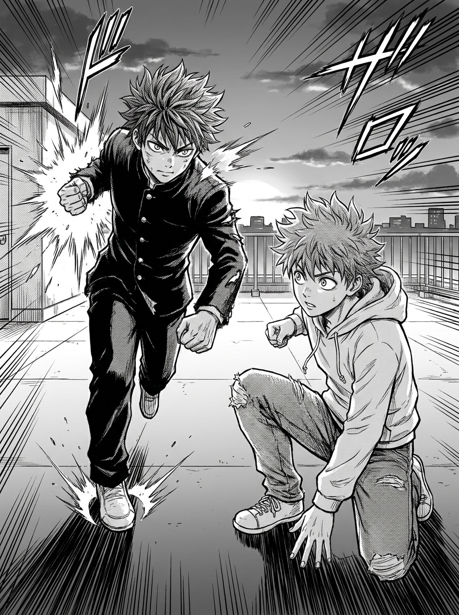 Prompt: two teenage rivals facing off on a rooftop at sunset, dynamic action poses