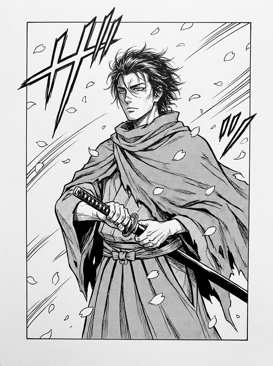 Prompt: a lone samurai standing in falling cherry blossoms, katana half-drawn, calm intense gaze