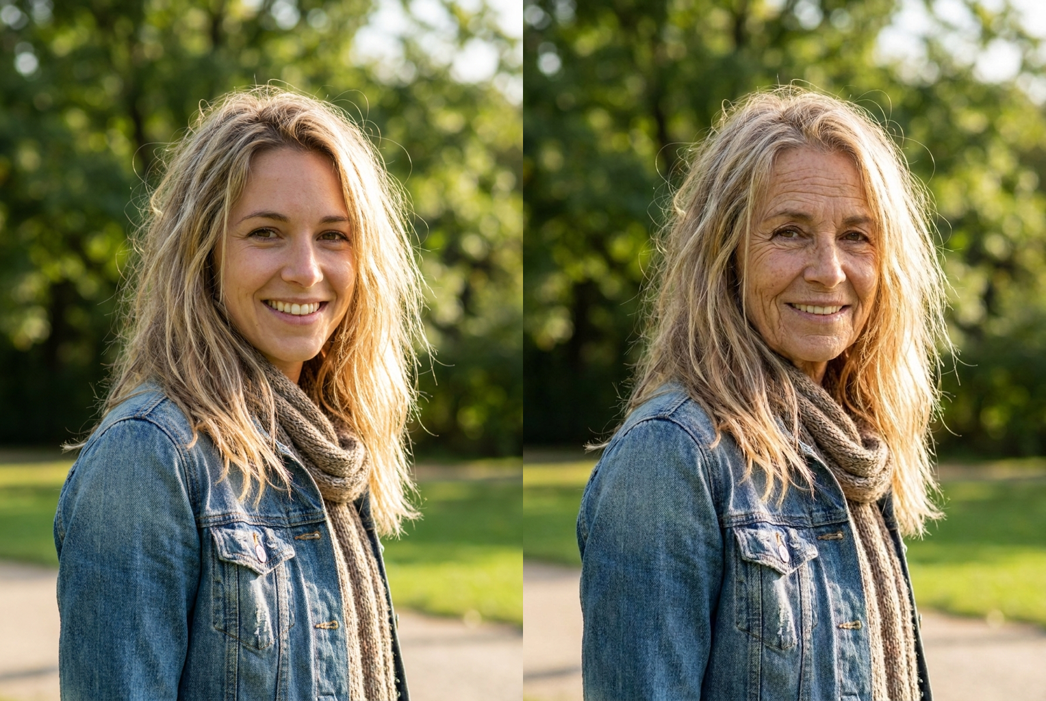 Before → After: aged skin and silver hair in natural light