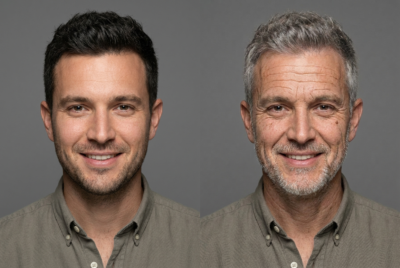Before → After: gray hair, deep lines, recognizable features
