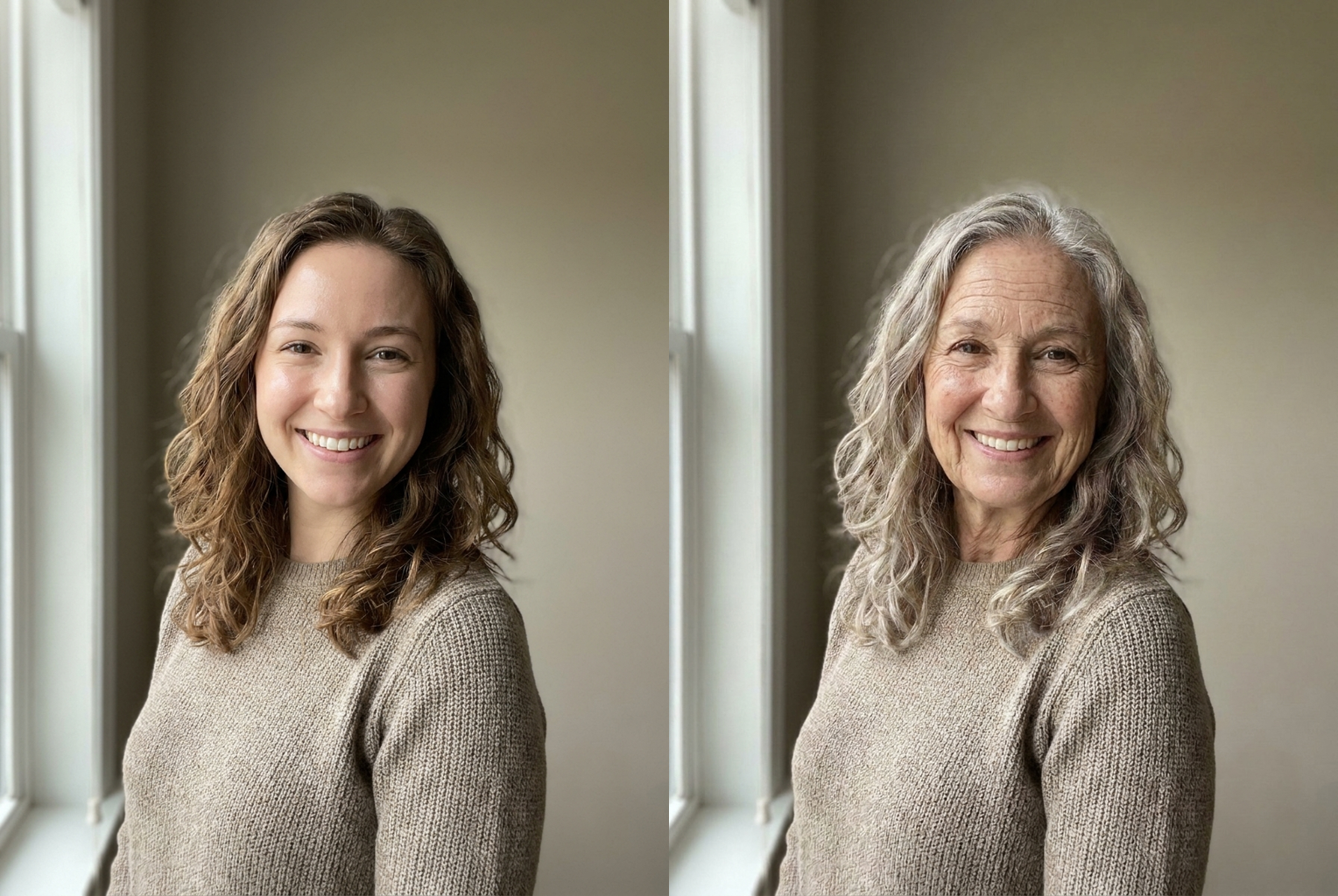 Before → After: decades of realistic aging, same face