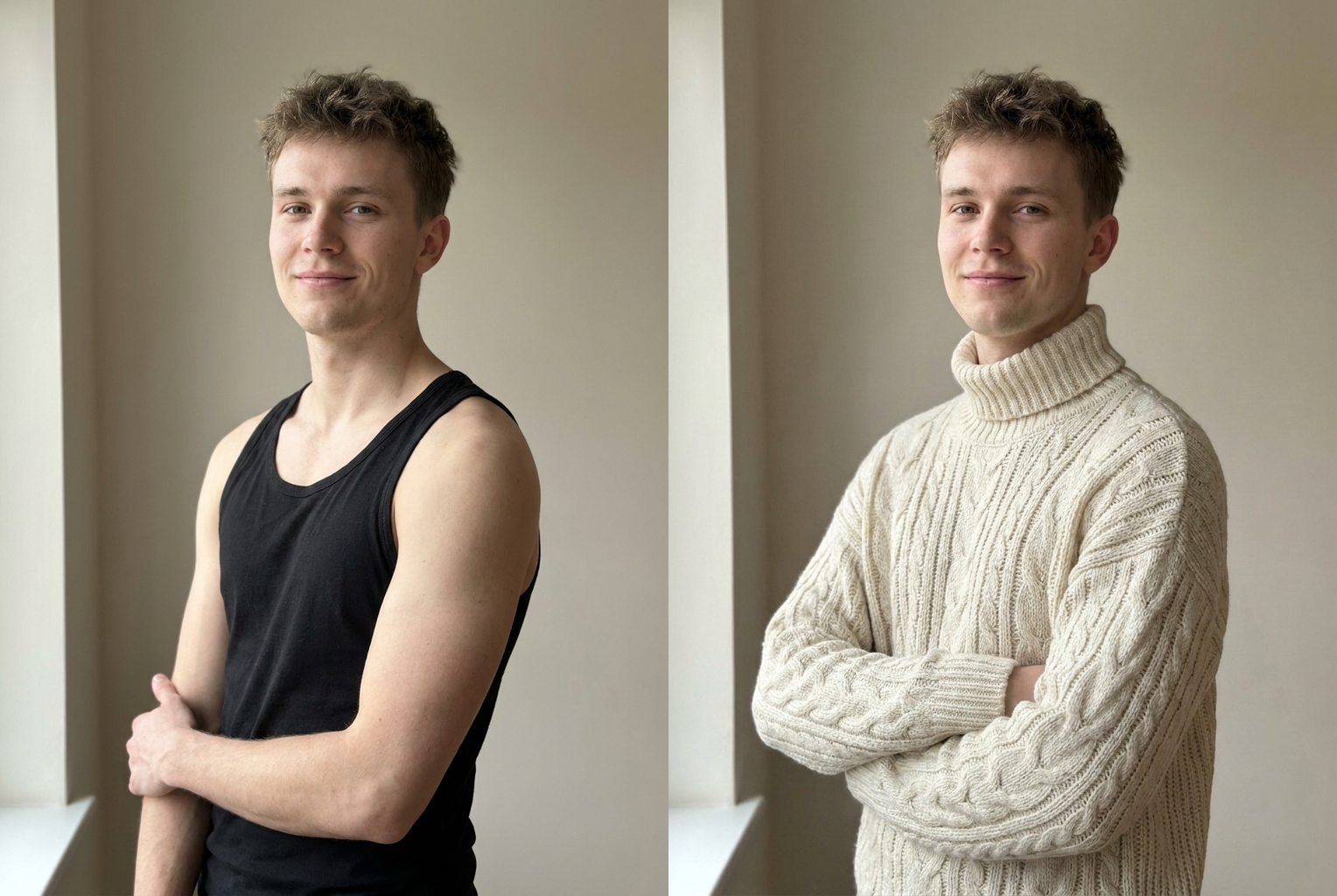 Prompt: "a cream oversized chunky knit turtleneck" — same person, cozy seasonal outfit.