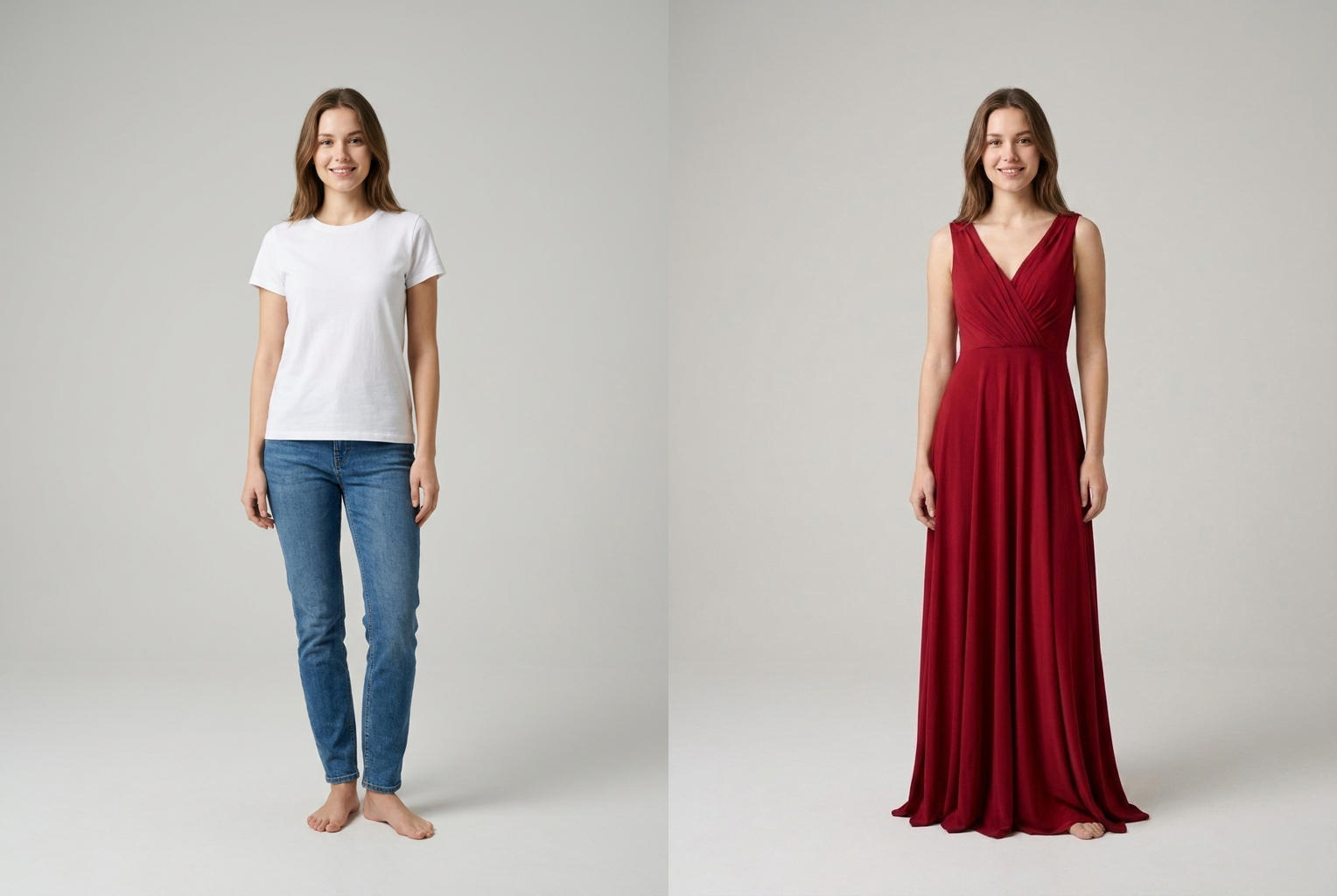 Prompt: "a flowing floor-length red evening gown" — identity kept, everyday clothes swapped for eveningwear.