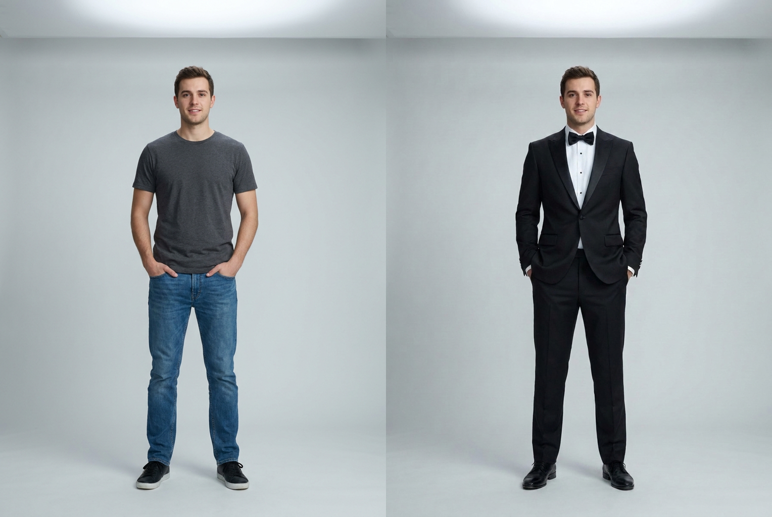Prompt: "a tailored black tuxedo with satin lapels and a bow tie" — same face and pose, formal new outfit.