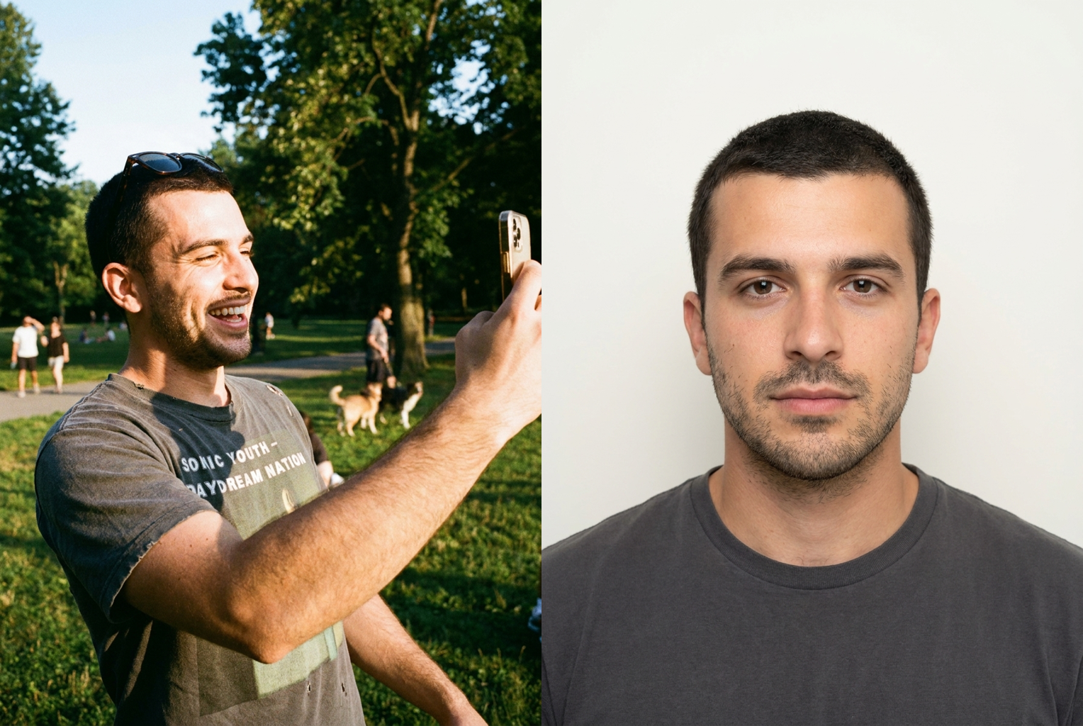Harsh outdoor lighting and sunglasses fixed — even studio light and a compliant plain background.