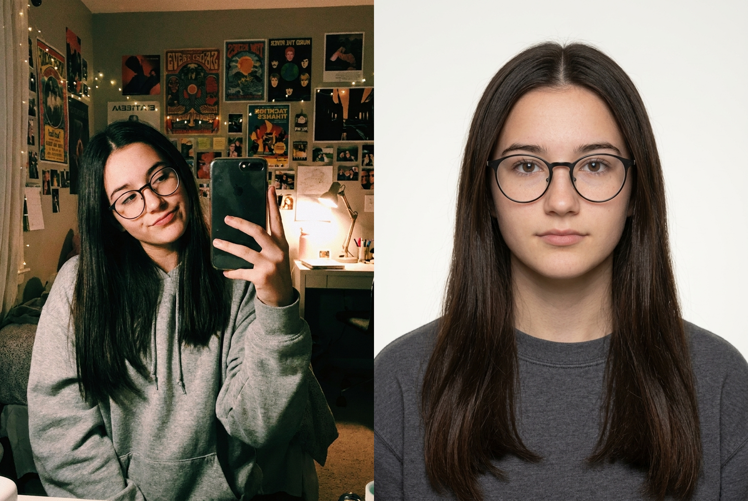 Cluttered bedroom wall and tilted head corrected into a straight, upright passport photo on a plain background.