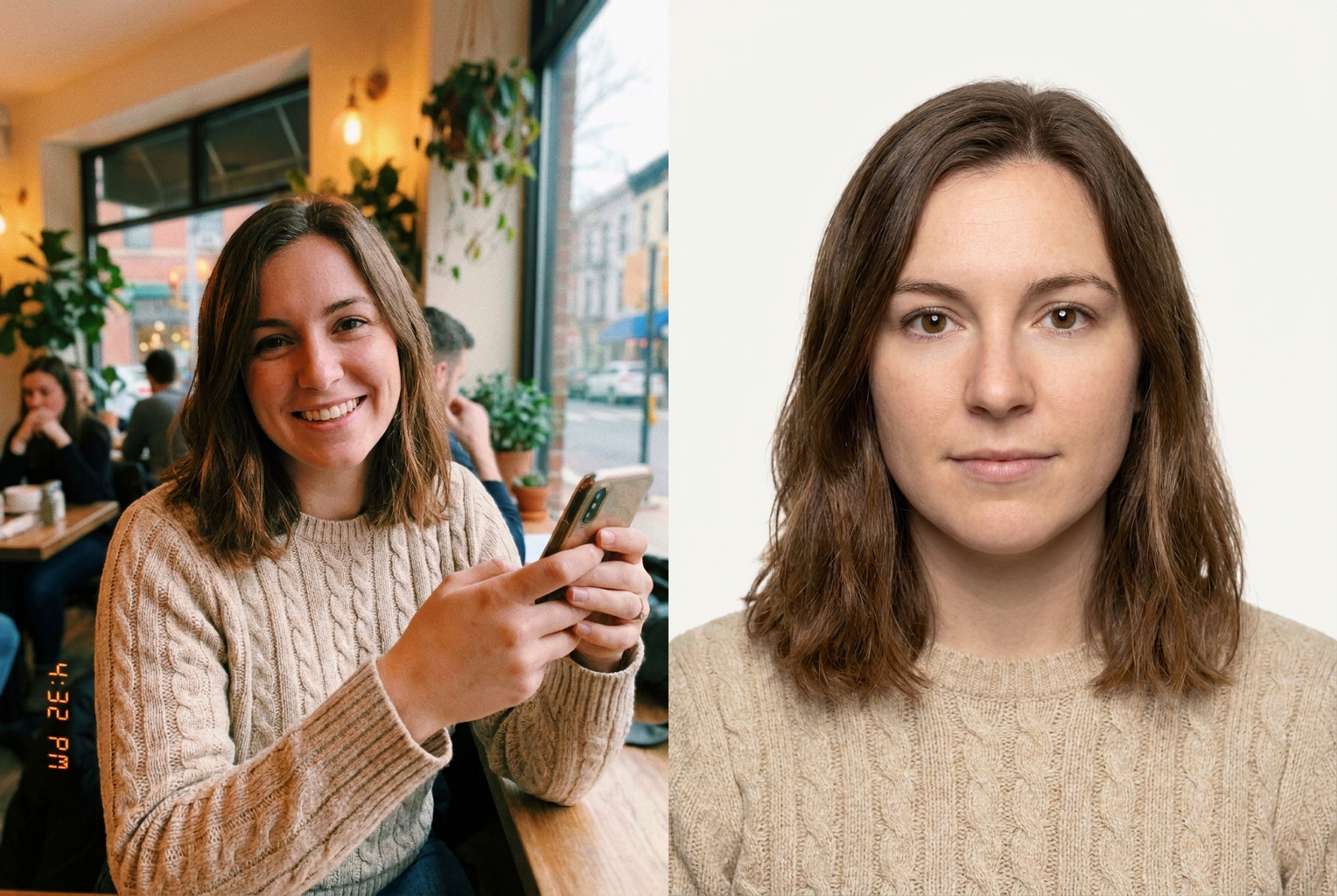 Casual cafe selfie transformed into a clean, front-facing passport photo with a plain off-white background.