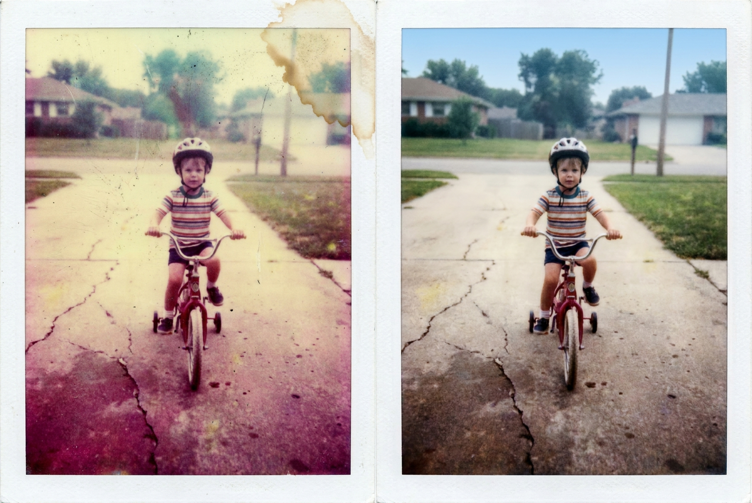 Color-shifted, water-stained family snapshot โ original colors and detail recovered