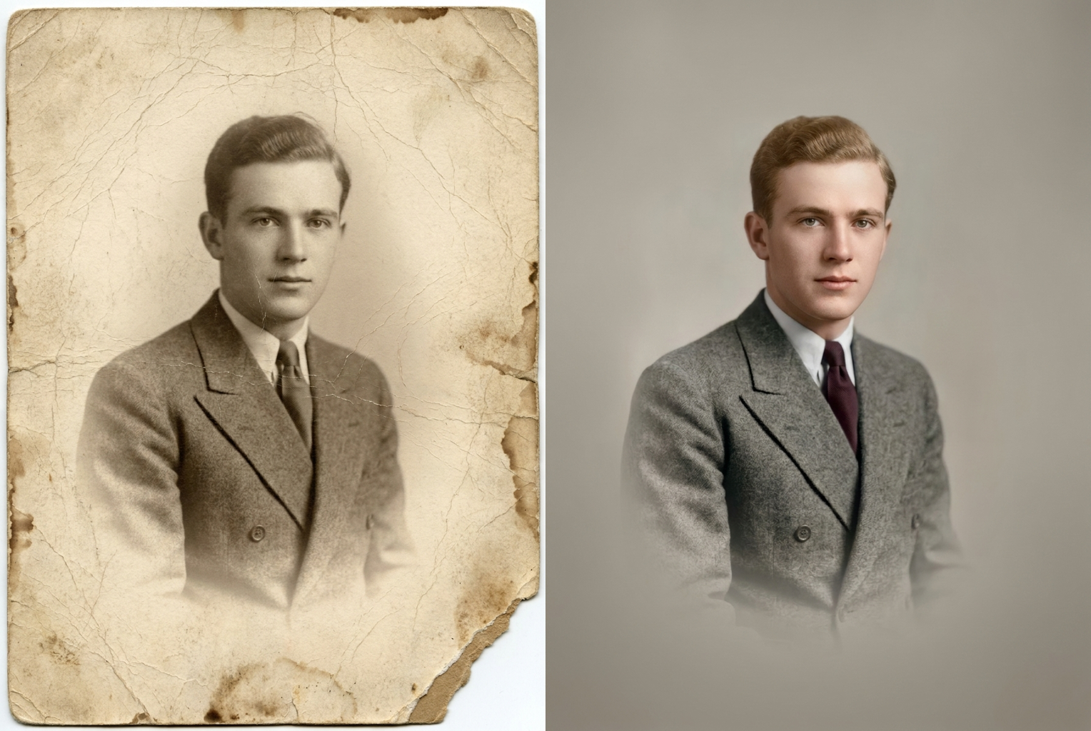 Cracked, stained sepia studio portrait โ restored, sharpened and colorized