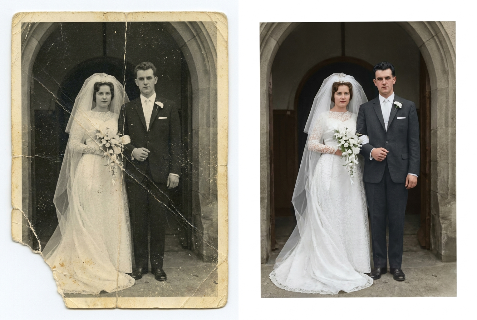 Creased, scratched black-and-white wedding photo โ repaired and colorized in one pass
