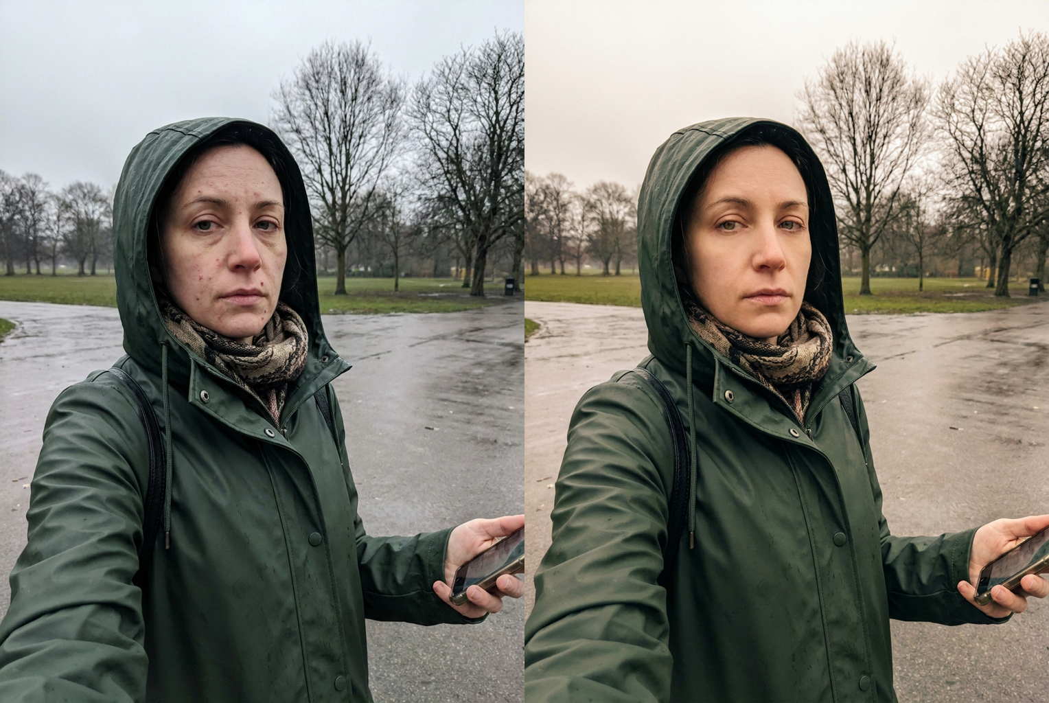 Before → After: dull light rescued to warm natural tone