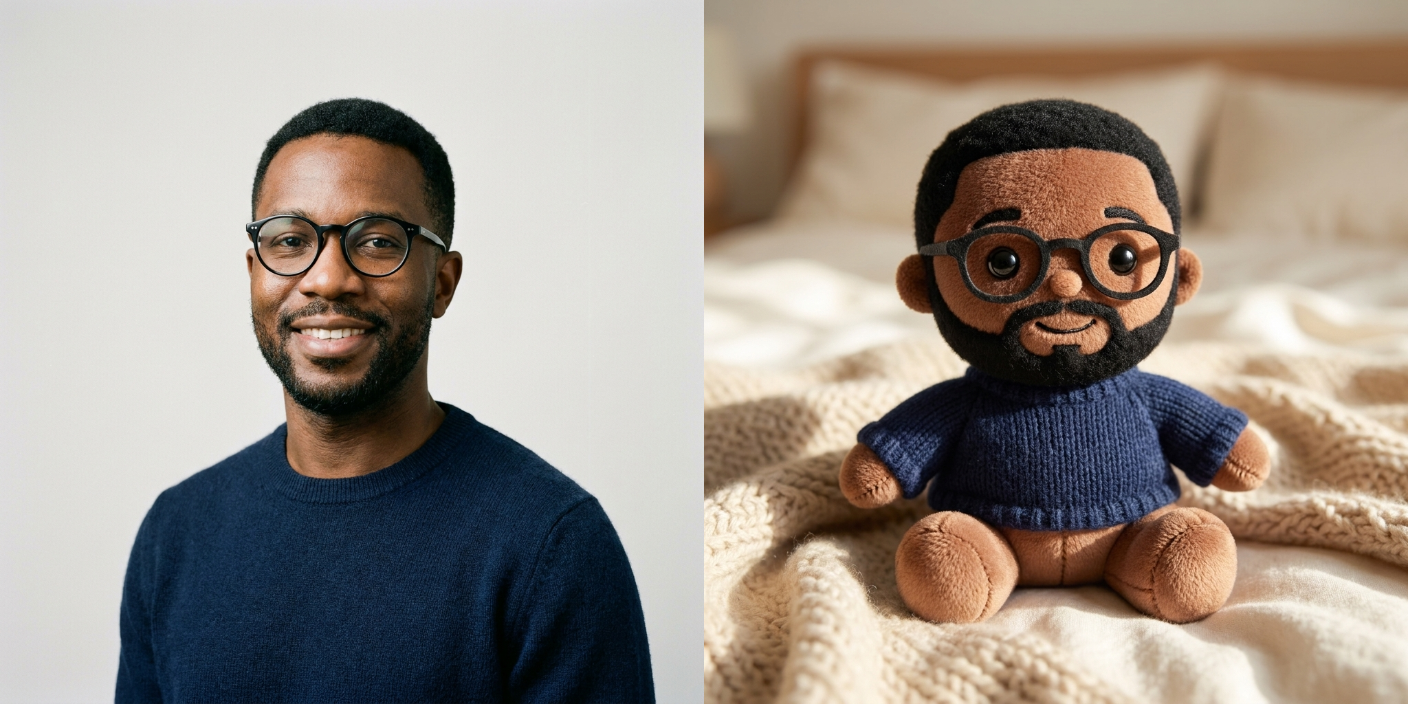 Glasses and a beard carry over so the plush still looks like him.