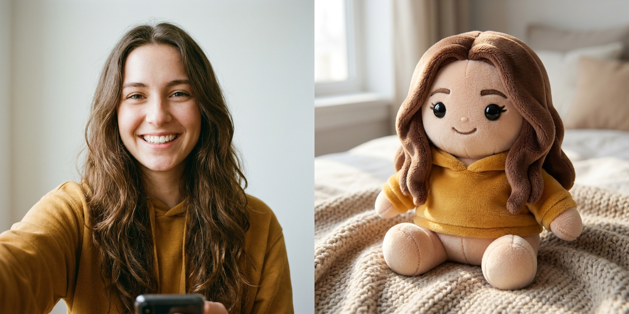 A front-facing selfie becomes a soft plush with the same hair and hoodie.