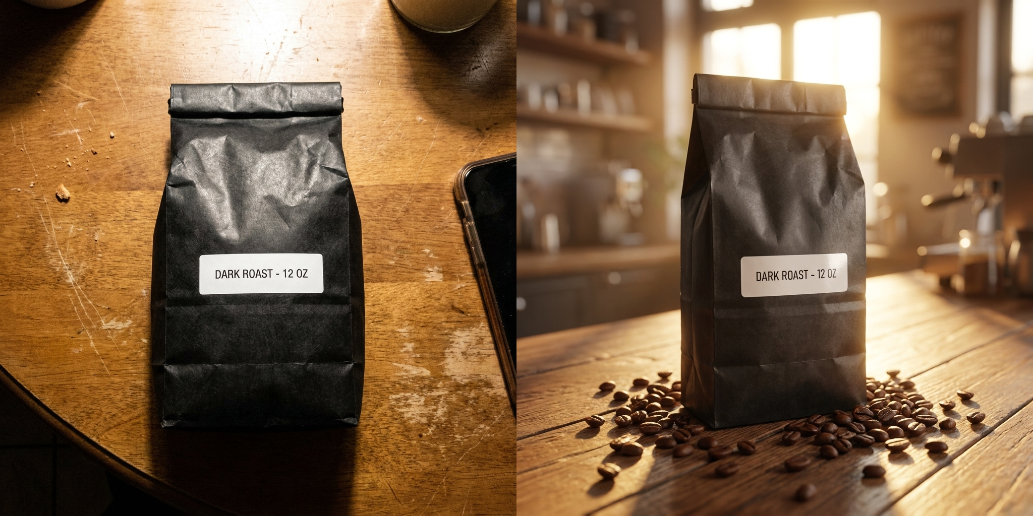 Scene prompt: 'rustic cafe counter, scattered beans, golden backlight' — same bag, cozy retail shot.