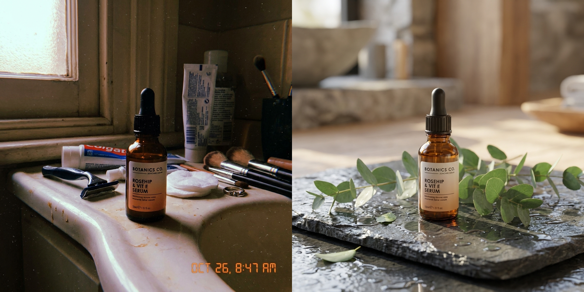 Scene prompt: 'wet stone slab, eucalyptus, water droplets, spa daylight' — same bottle, luxury setting.