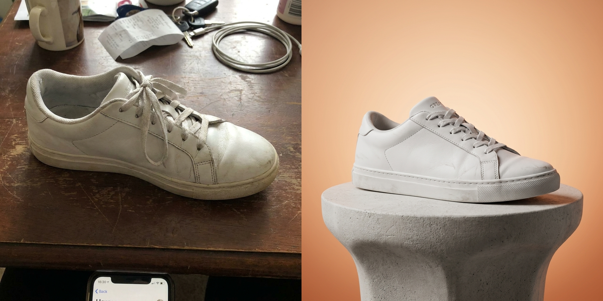 Scene prompt: 'concrete pedestal, bright minimalist studio, warm gradient' — same sneaker, clean commercial shot.