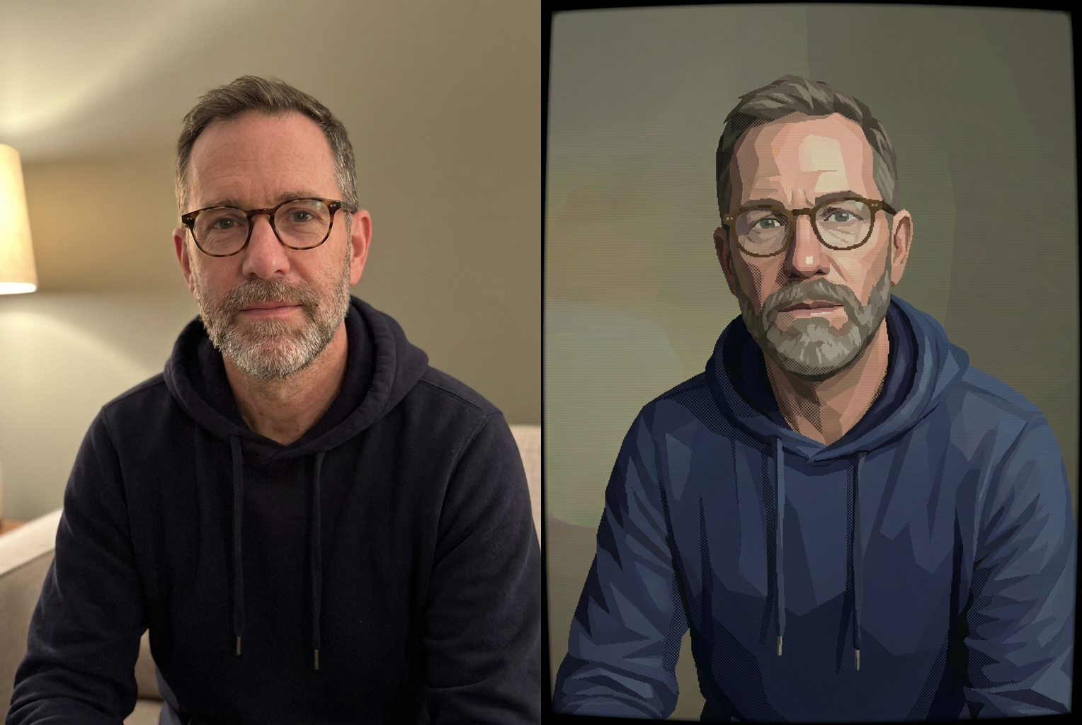 Beard, glasses and hoodie preserved while the whole render drops to console-era detail