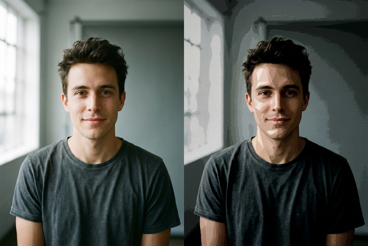 The same face rebuilt with blocky low-poly geometry and stretched early-2000s textures