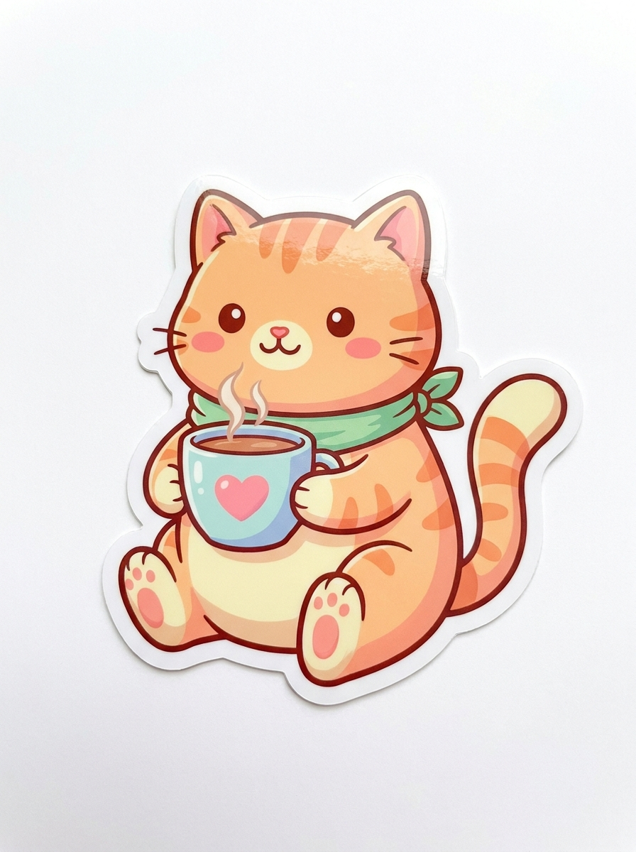 Prompt: a chubby orange cat holding a coffee cup, kawaii style