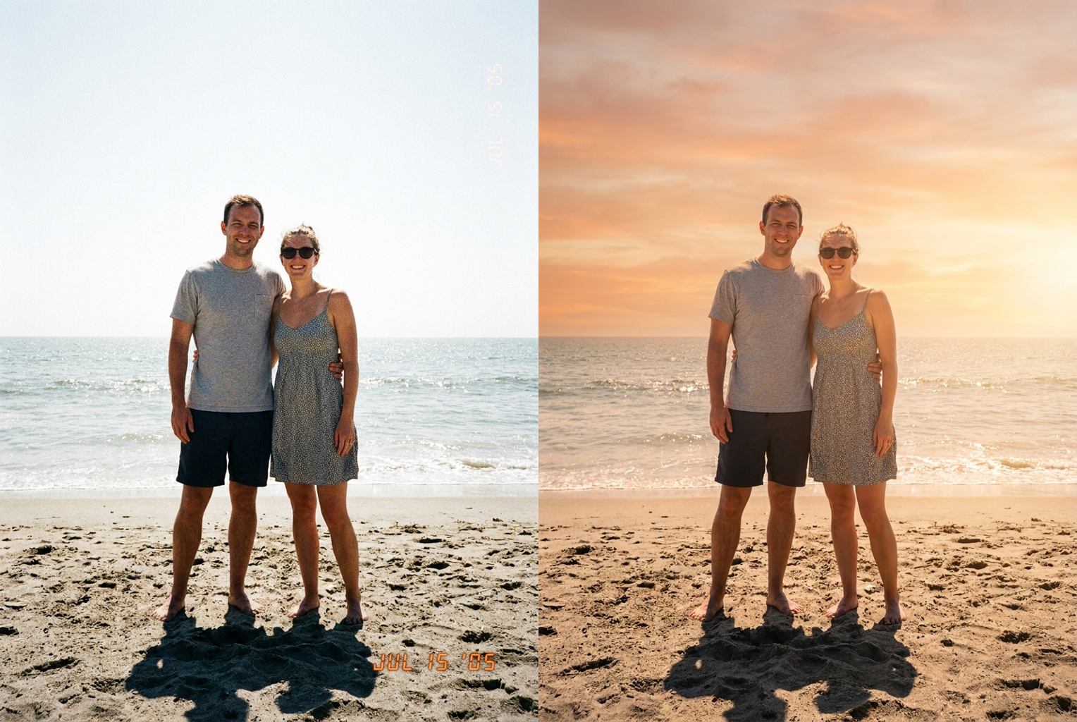 Before → After: harsh washed-out midday beach turned into a warm sunset scene with a glowing sky and soft flare