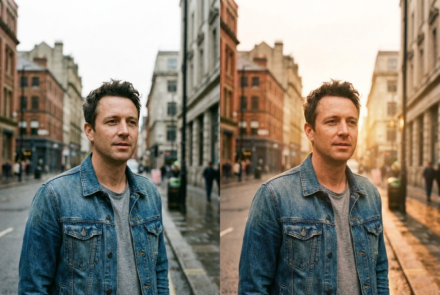 Before → After: a grey overcast street portrait bathed in warm dusk light with long soft shadows and amber tones