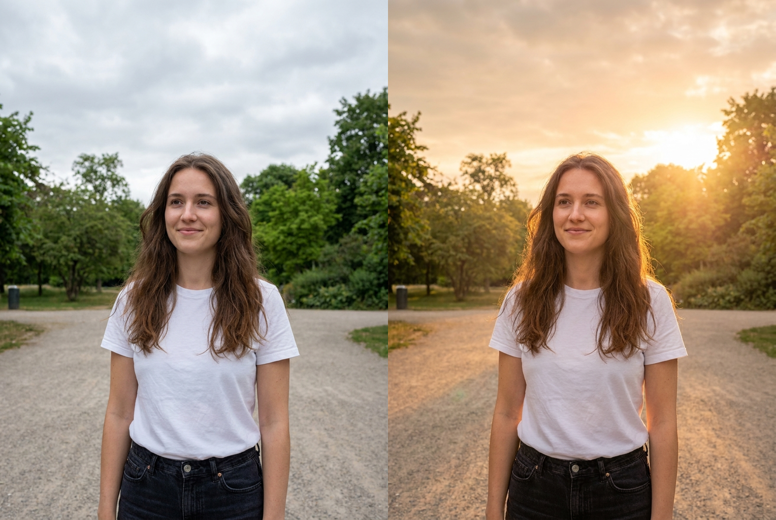 Before → After: a flat grey-afternoon portrait relit with warm low-angle sun, rim light on the hair, and a honey colour grade