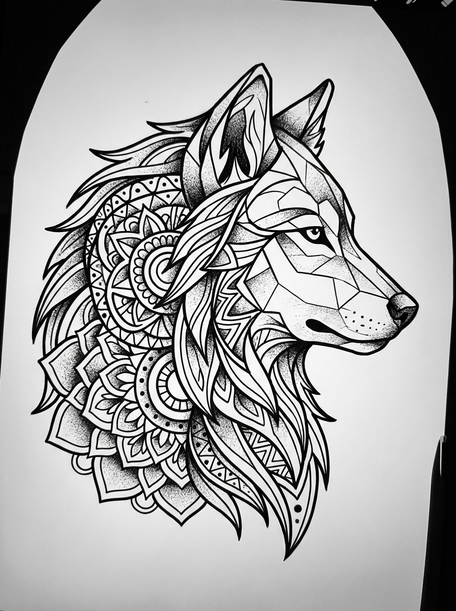 Prompt: geometric wolf head with mandala patterns