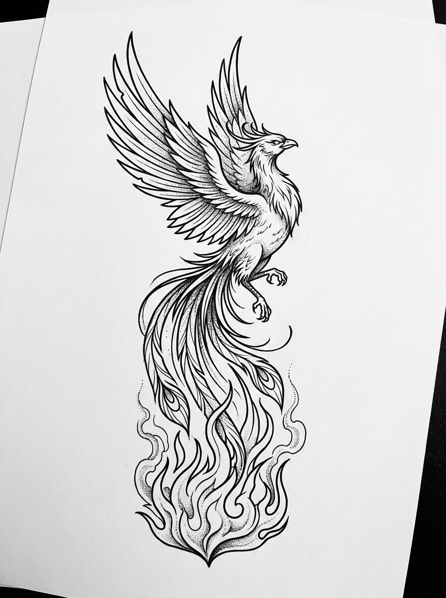 Prompt: a phoenix rising from flames, fine line style