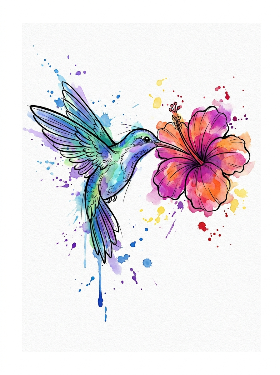 Prompt: watercolor hummingbird with color splashes