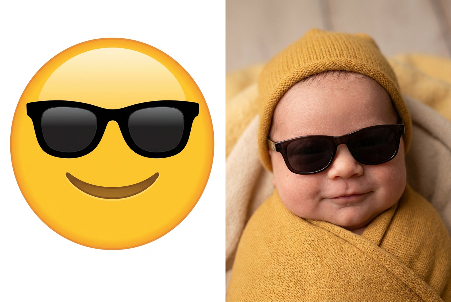 The sunglasses and smirk become an impossibly stylish baby in tiny shades