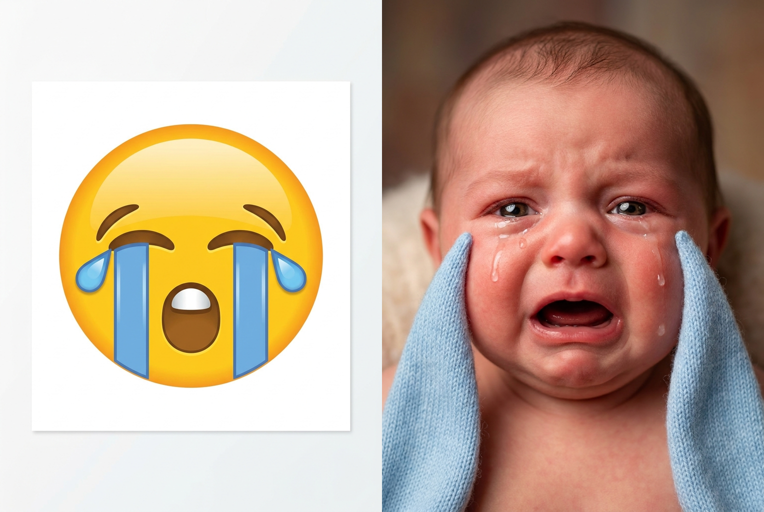 The streaming tears and open wail turn into a photorealistic pouting baby