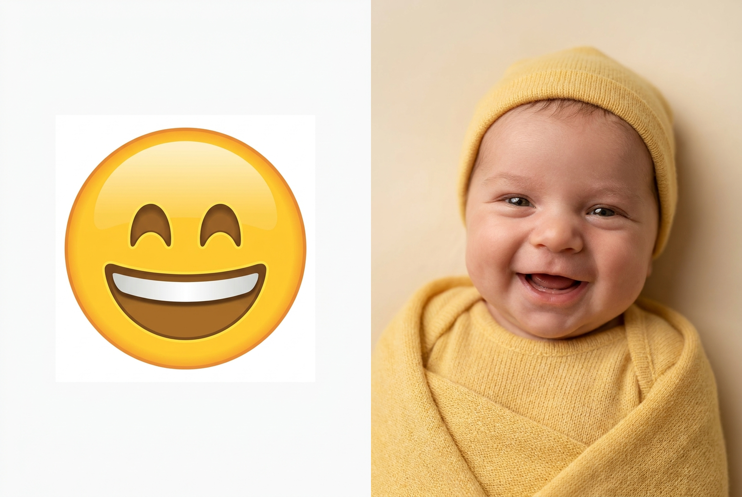 The wide beaming grin becomes a giggling baby in a cheerful yellow onesie