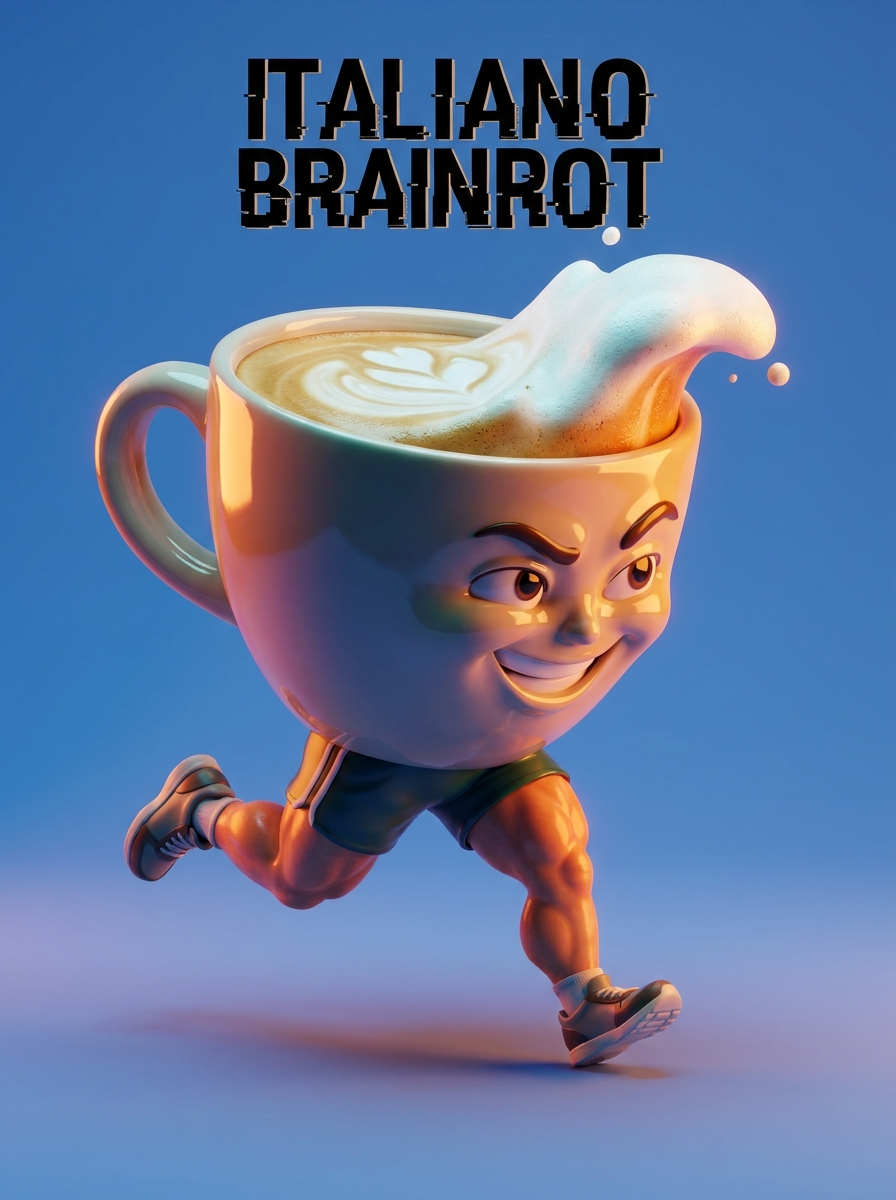 Prompt: a cappuccino cup with tiny running legs