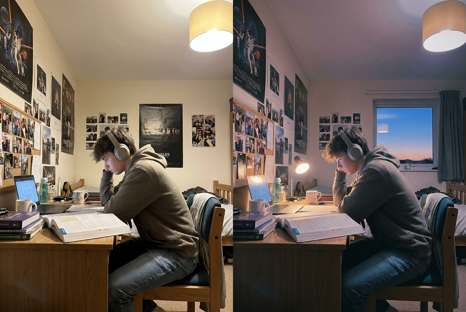 Before → After: an everyday bedroom desk snapshot regraded into a nostalgic lo-fi dusk mood with soft bloom and grain
