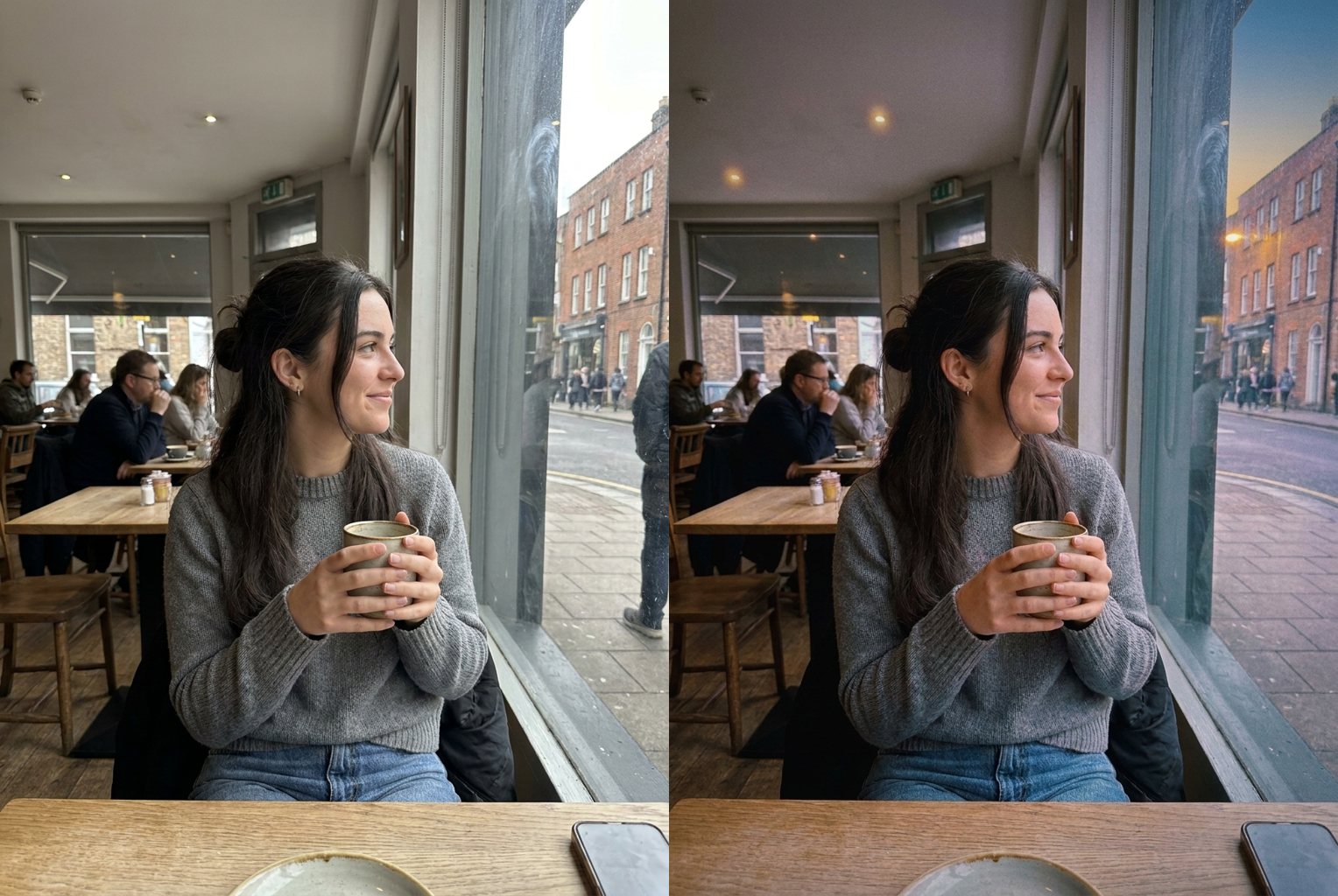 Before → After: a flat daytime cafe portrait regraded into muted lavender-and-indigo dusk tones with soft grain and a cozy glow