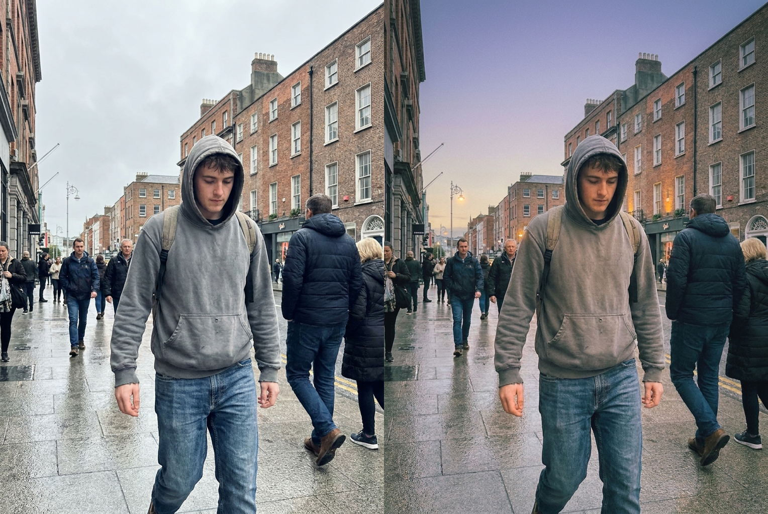 Before → After: an overcast grey street shot turned into a calm blue-hour dusk scene with warm amber accents and film grain