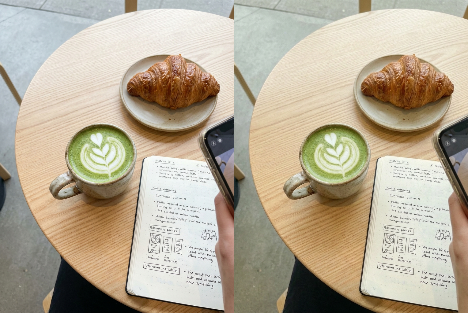 Before → After: a bright matcha-latte flat lay re-graded into a cohesive creamy green café aesthetic with soft grain
