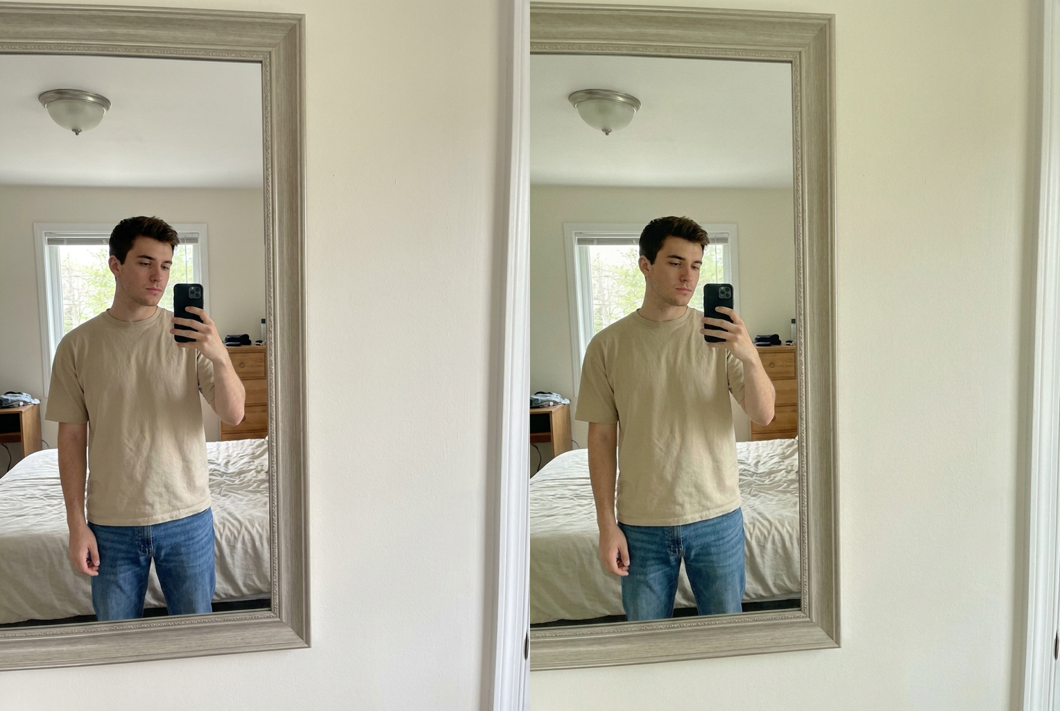 Before → After: a neutral mirror outfit shot styled into a soft muted matcha aesthetic, skin and clothing preserved