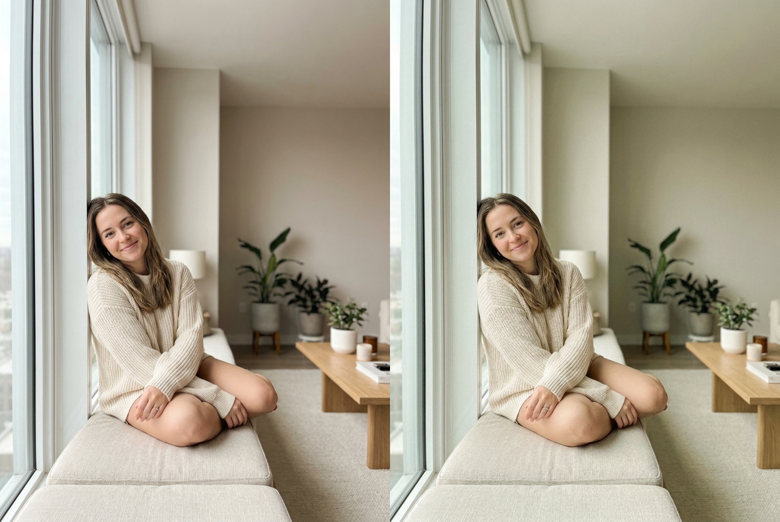 Before → After: a plain daylight window portrait graded into soft matcha and oat-milk tones with a gentle haze, skin kept natural